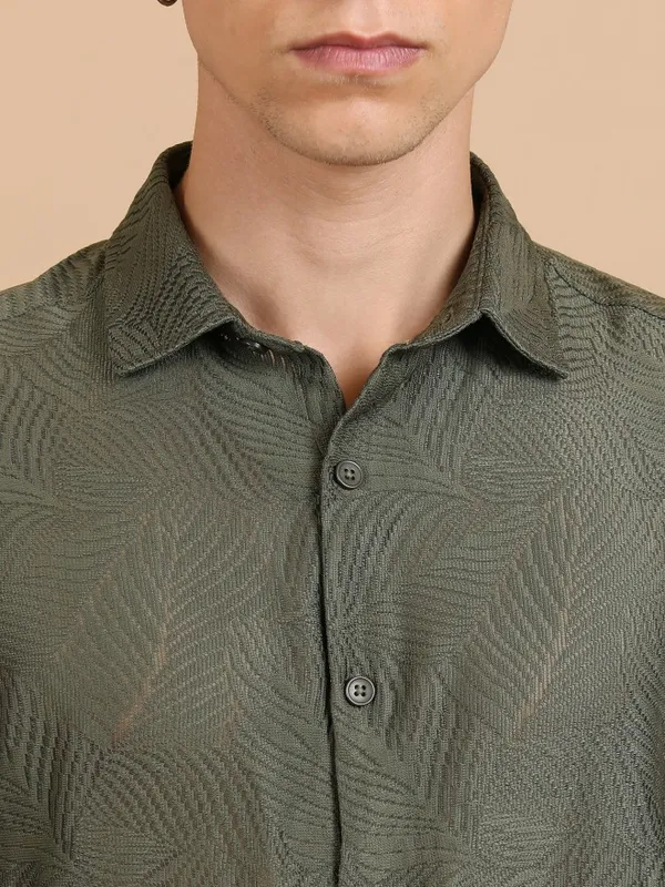  Highlander Men Olive Self Design Oversized Fit Casual Shirts