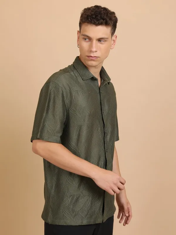  Highlander Men Olive Self Design Oversized Fit Casual Shirts