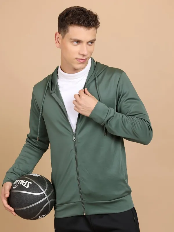 Highlander Men Green Hood Front-Open Sweatshirts