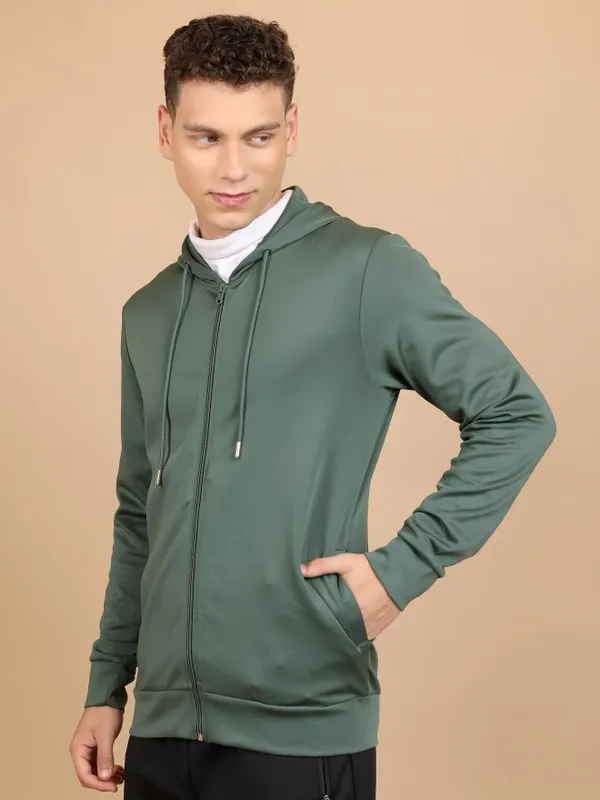 Highlander Men Green Hood Front-Open Sweatshirts