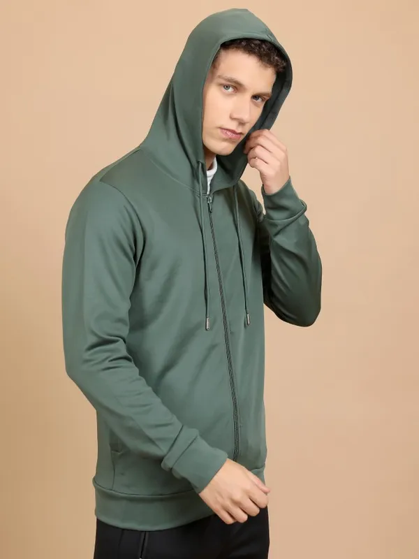  Highlander Men Green Hood Front-Open Sweatshirts