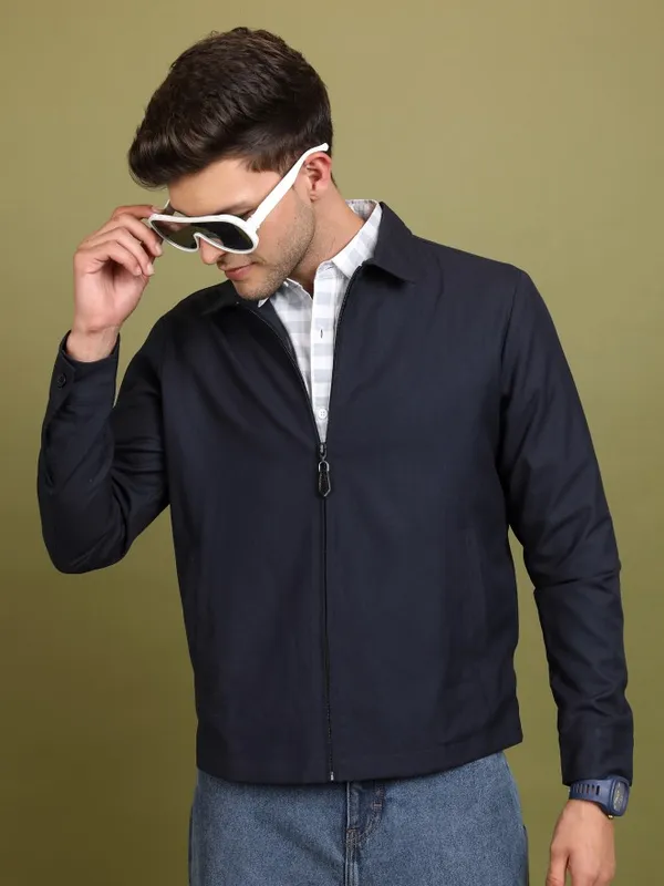  Highlander Men Navy Blue Checked Bomber Jackets