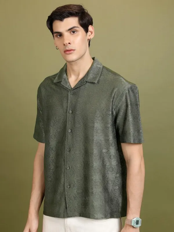  Highlander Men Olive Self Design Oversized Fit Casual Shirts