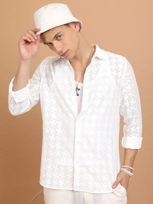  Highlander Men White Self Design Oversized Fit Casual Shirts