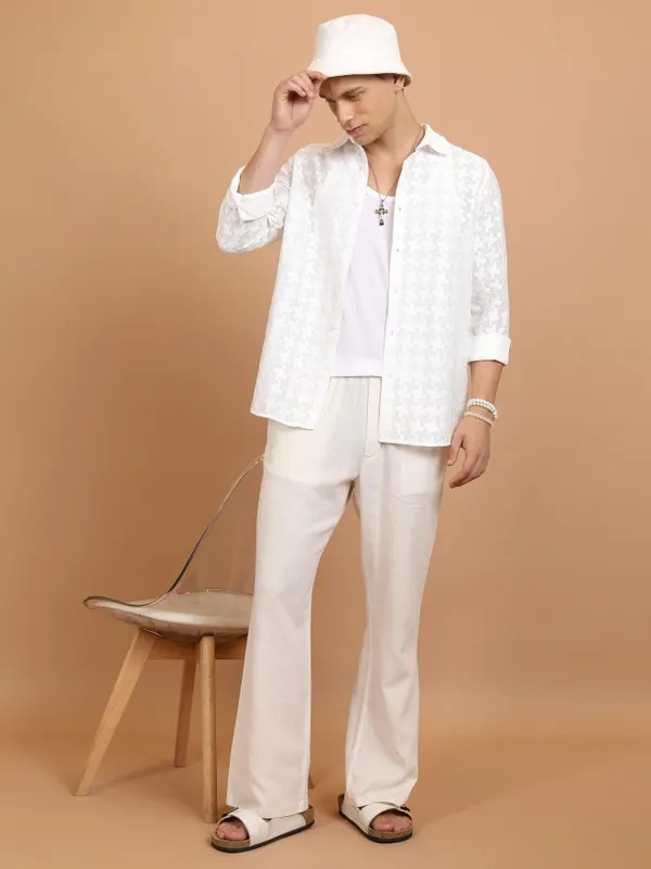  Highlander Men White Self Design Oversized Fit Casual Shirts
