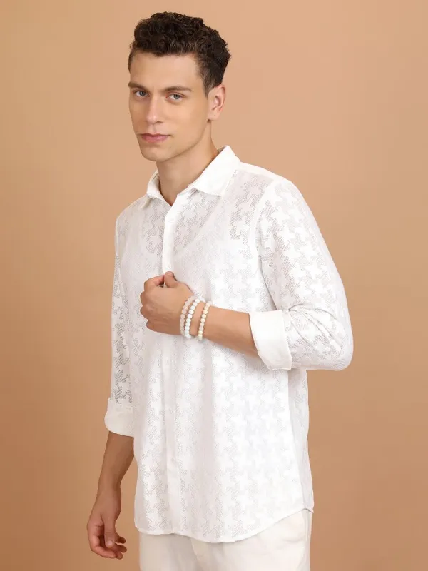  Highlander Men White Self Design Oversized Fit Casual Shirts