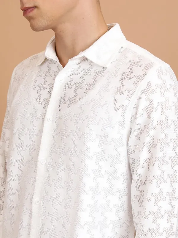  Highlander Men White Self Design Oversized Fit Casual Shirts