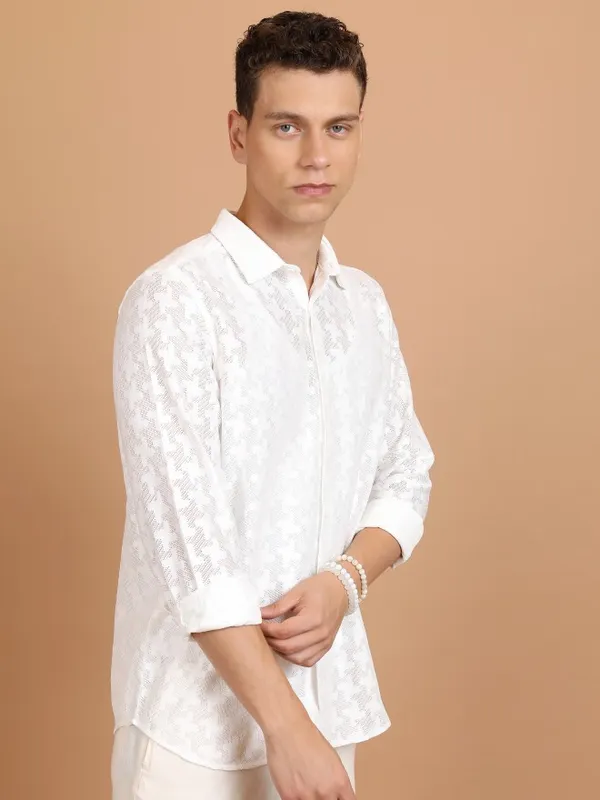  Highlander Men White Self Design Oversized Fit Casual Shirts