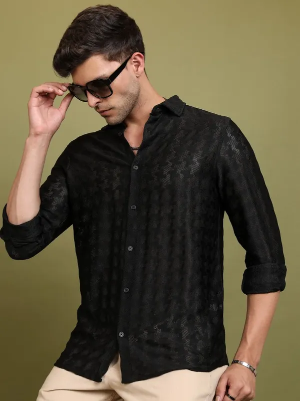  Highlander Men Black Self Design Oversized Fit Casual Shirts
