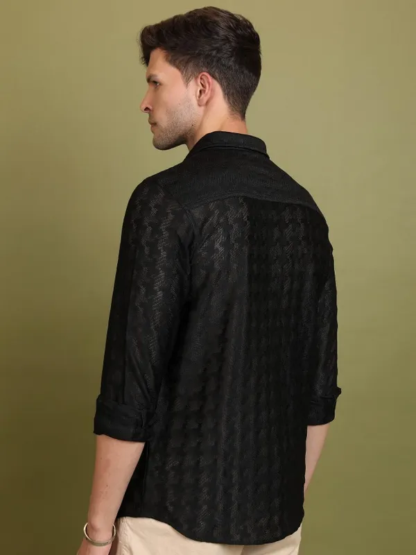  Highlander Men Black Self Design Oversized Fit Casual Shirts