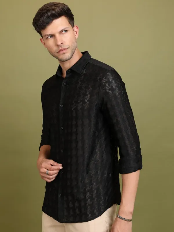  Highlander Men Black Self Design Oversized Fit Casual Shirts