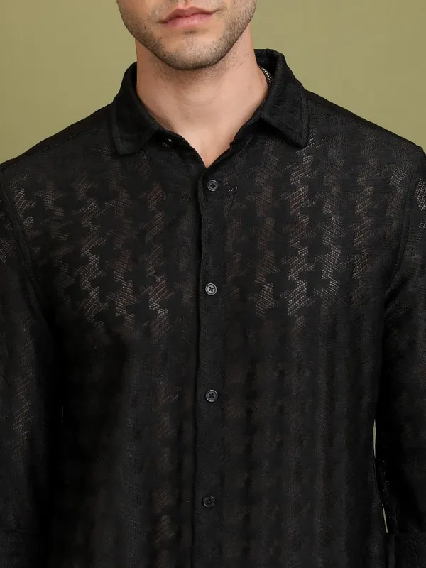  Highlander Men Black Self Design Oversized Fit Casual Shirts
