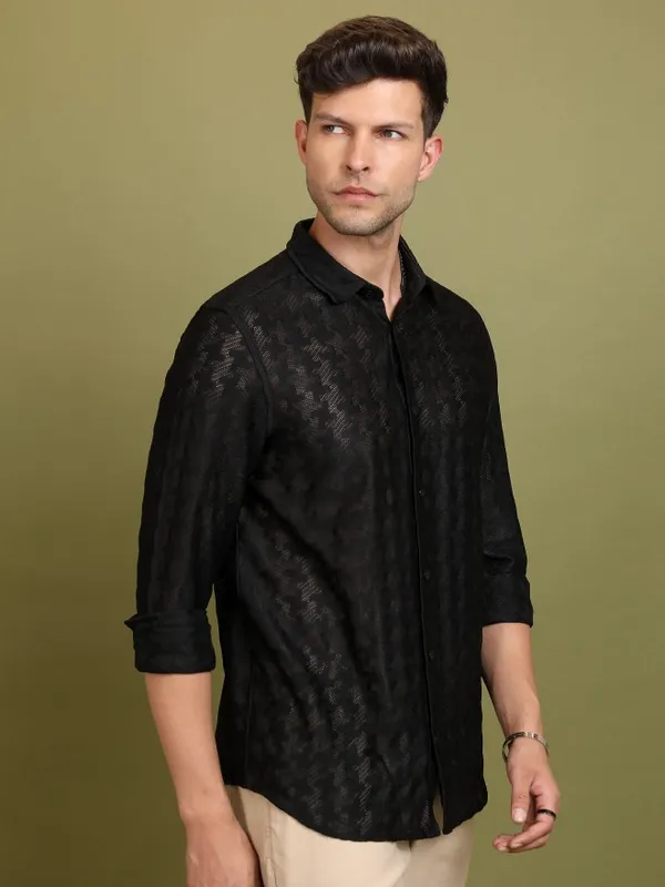  Highlander Men Black Self Design Oversized Fit Casual Shirts