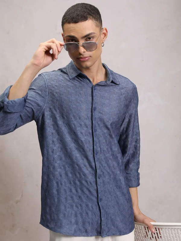  Highlander Men Blue Self Design Oversized Fit Casual Shirts