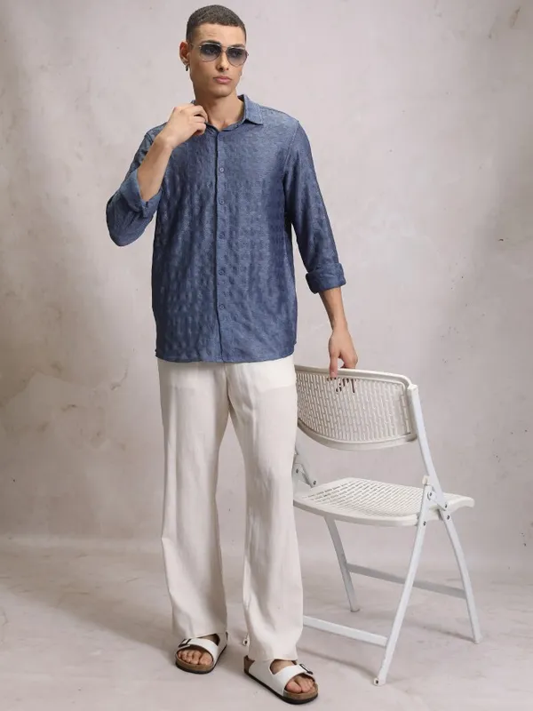  Highlander Men Blue Self Design Oversized Fit Casual Shirts