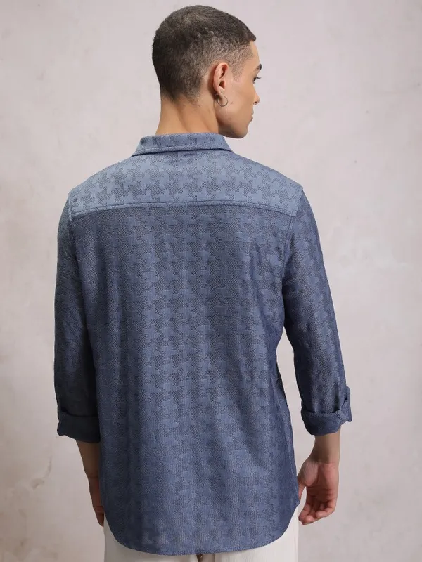  Highlander Men Blue Self Design Oversized Fit Casual Shirts