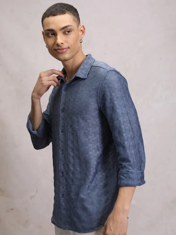  Highlander Men Blue Self Design Oversized Fit Casual Shirts