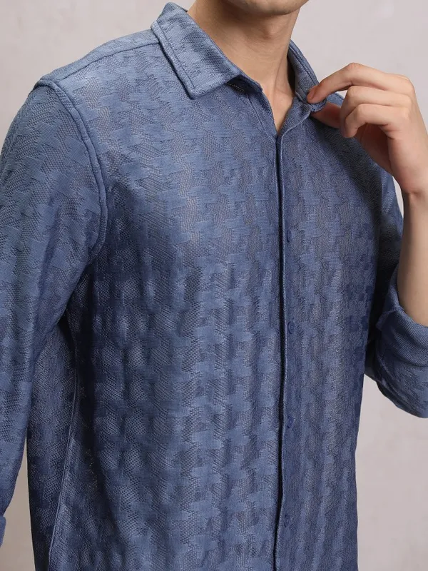  Highlander Men Blue Self Design Oversized Fit Casual Shirts