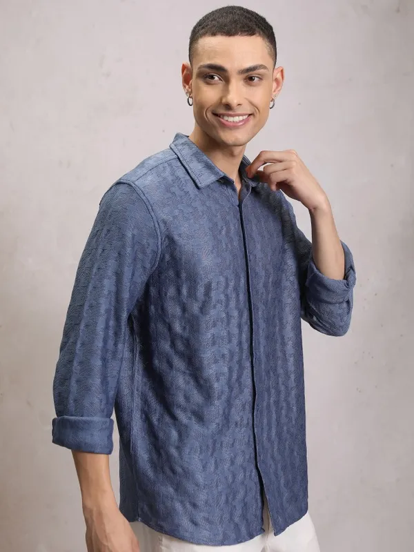  Highlander Men Blue Self Design Oversized Fit Casual Shirts