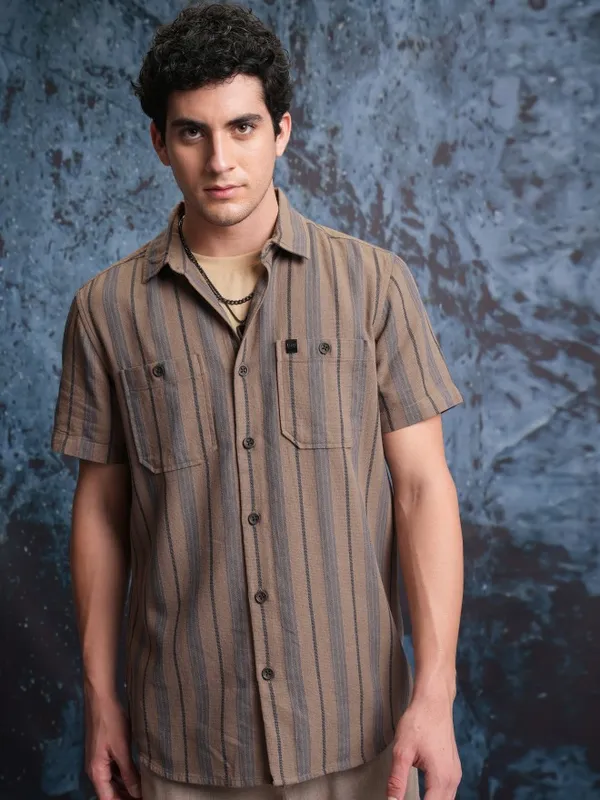  Locomotive Men Brown Striped Regular Fit Casual Shirts
