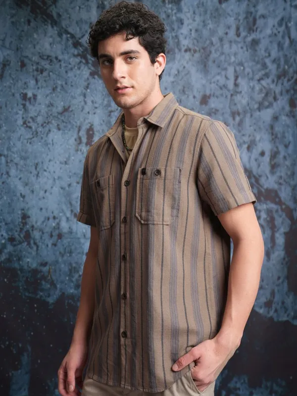  Locomotive Men Brown Striped Regular Fit Casual Shirts