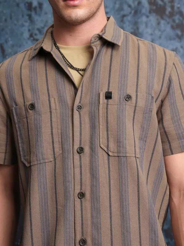  Locomotive Men Brown Striped Regular Fit Casual Shirts
