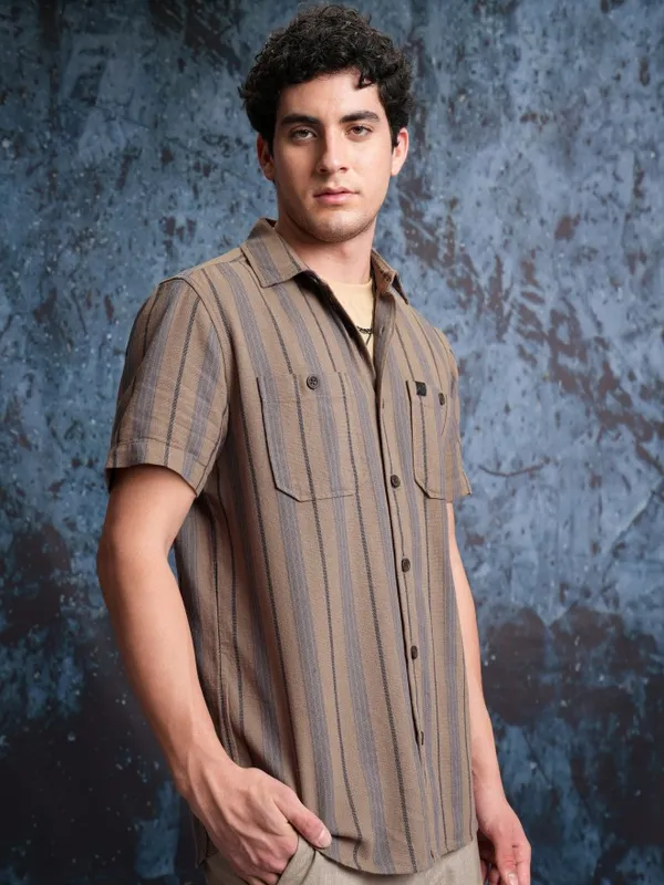 Locomotive Men Brown Striped Regular Fit Casual Shirts