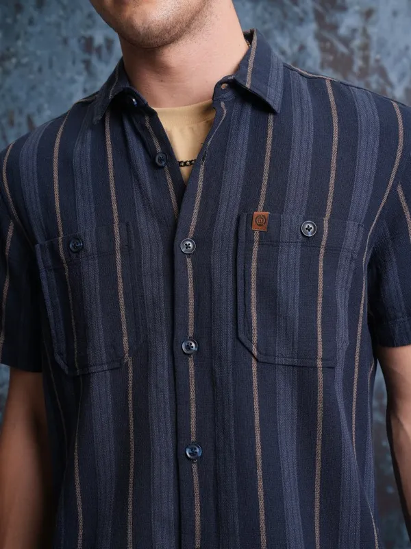  Locomotive Men Navy Blue Striped Regular Fit Casual Shirts