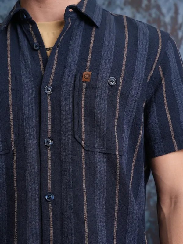  Locomotive Men Navy Blue Striped Regular Fit Casual Shirts