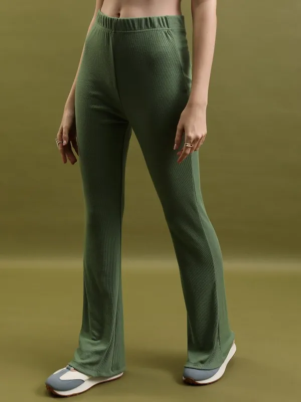  Tokyo Talkies Women Olive Solid Flared Casual Trousers