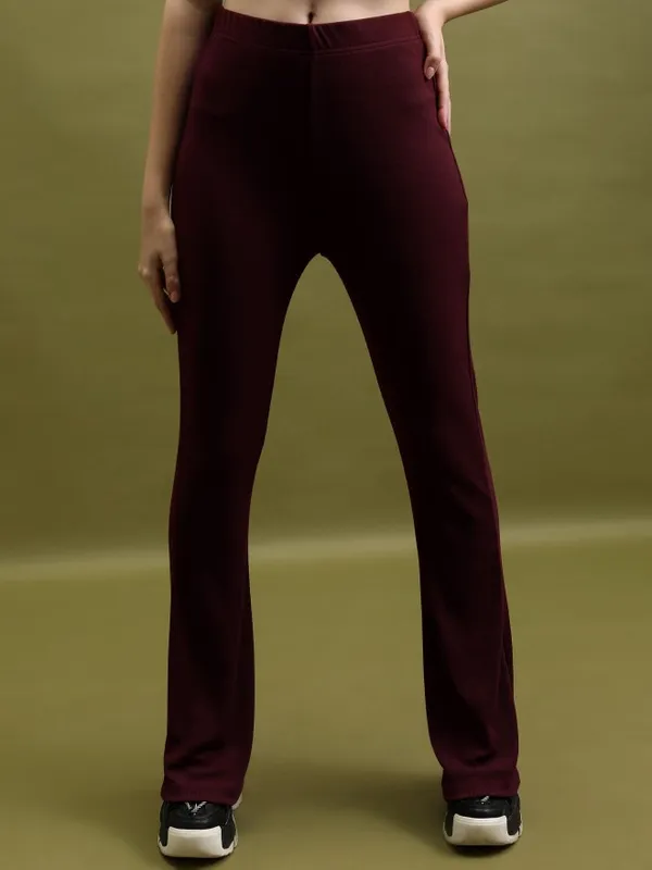  Tokyo Talkies Women Maroon Solid Flared Casual Trousers