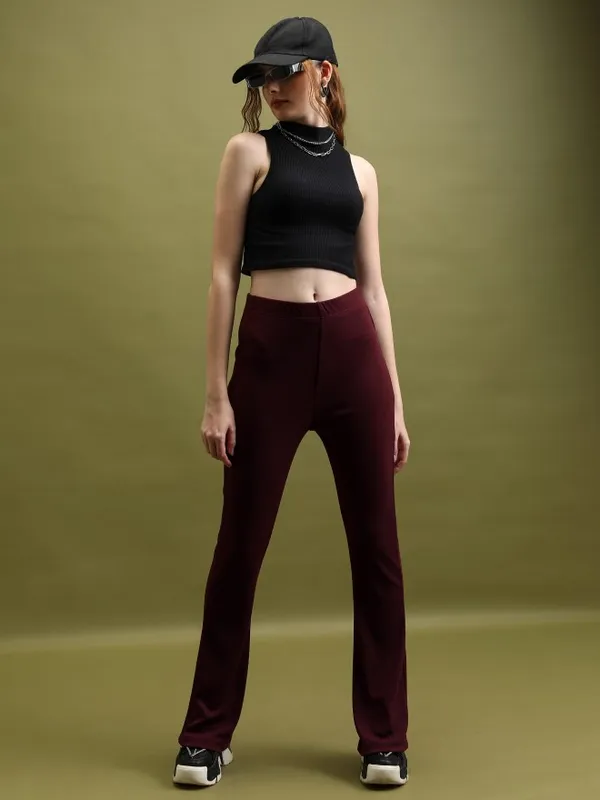  Tokyo Talkies Women Maroon Solid Flared Casual Trousers
