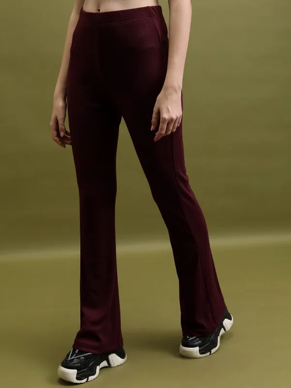  Tokyo Talkies Women Maroon Solid Flared Casual Trousers