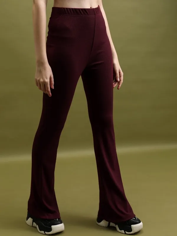  Tokyo Talkies Women Maroon Solid Flared Casual Trousers
