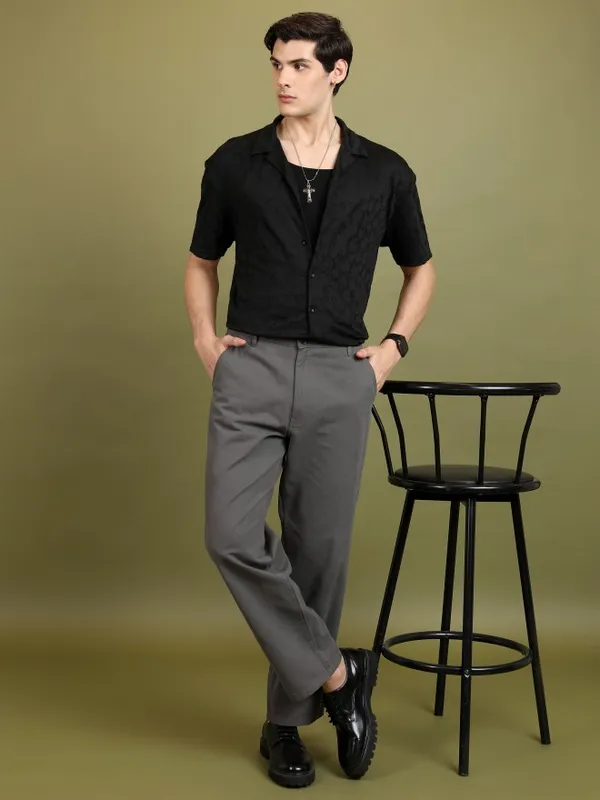  Highlander Men Black Self Design Oversized Fit Casual Shirts