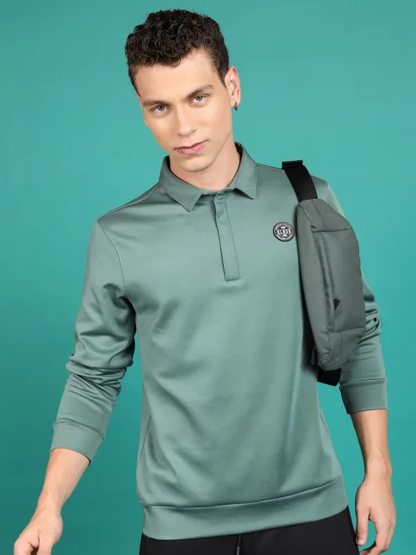  Highlander Men Green Polo Collar Pullover Sweatshirts