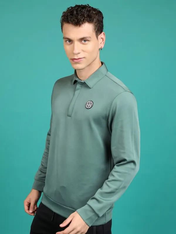  Highlander Men Green Polo Collar Pullover Sweatshirts