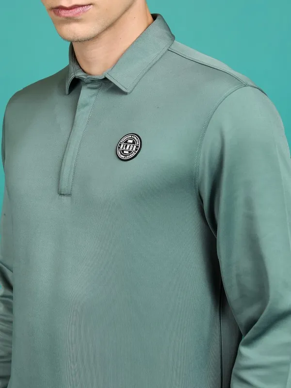  Highlander Men Green Polo Collar Pullover Sweatshirts