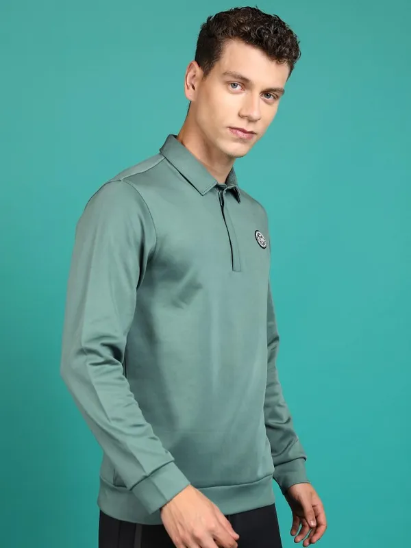 Highlander Men Green Polo Collar Pullover Sweatshirts