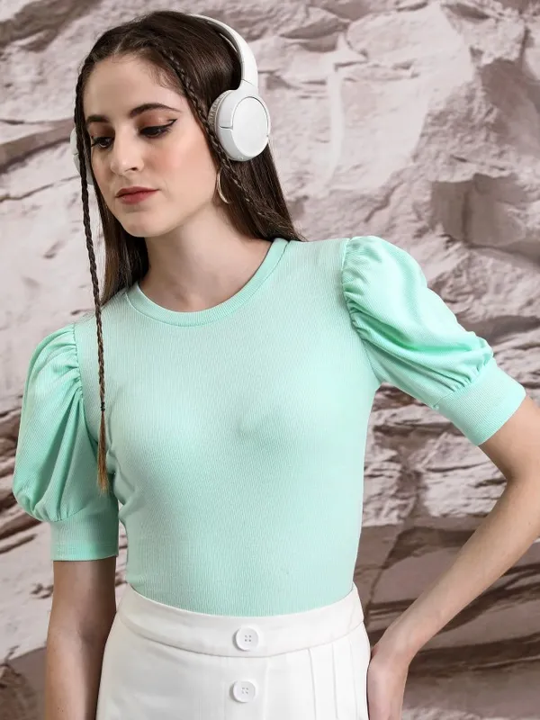  Tokyo Talkies Women Green Solid Fitted Tops