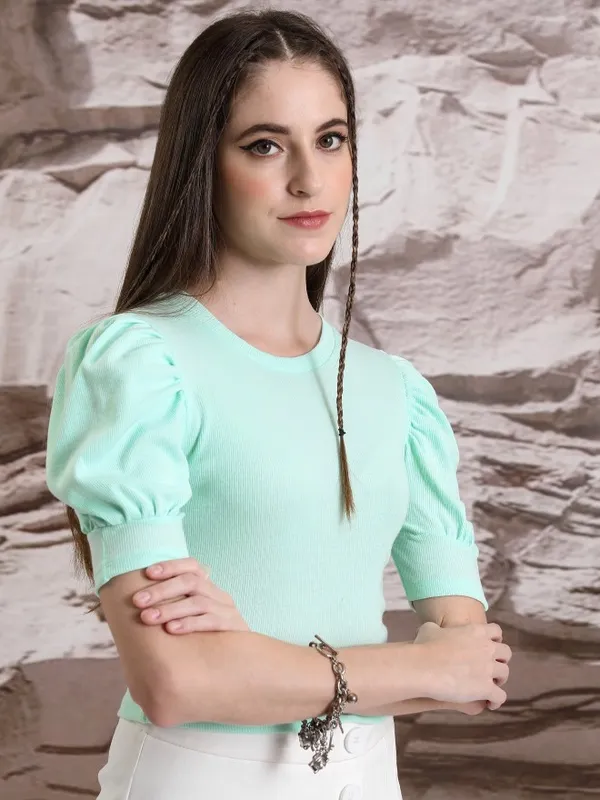  Tokyo Talkies Women Green Solid Fitted Tops