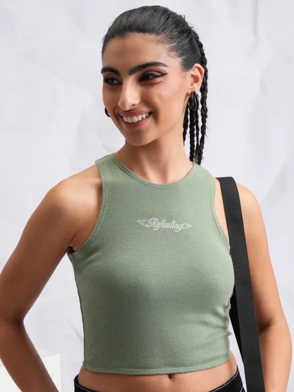  Tokyo Talkies Women Olive Printed Fitted Tops