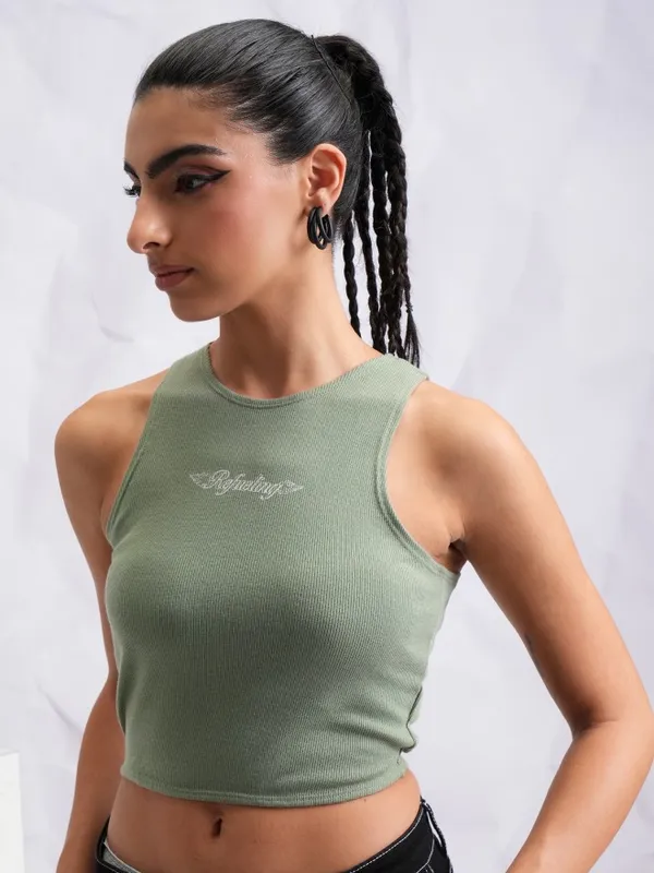  Tokyo Talkies Women Olive Printed Fitted Tops