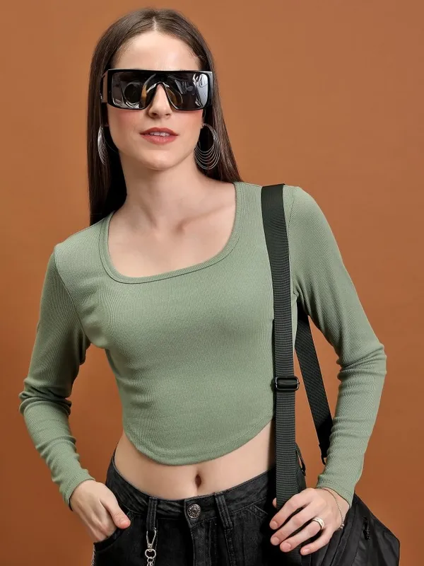 Tokyo Talkies Women Olive Solid Fitted Top
