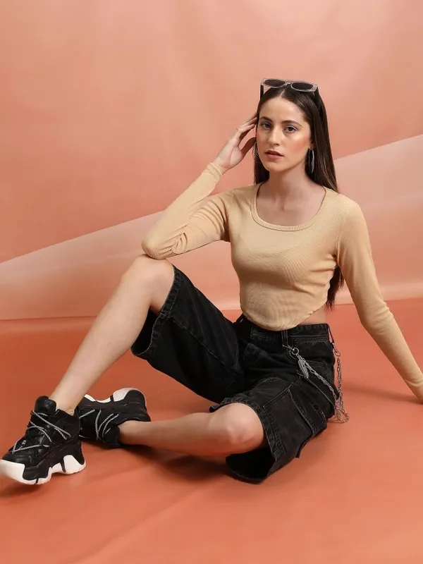  Tokyo Talkies Women Beige Solid Fitted Tops