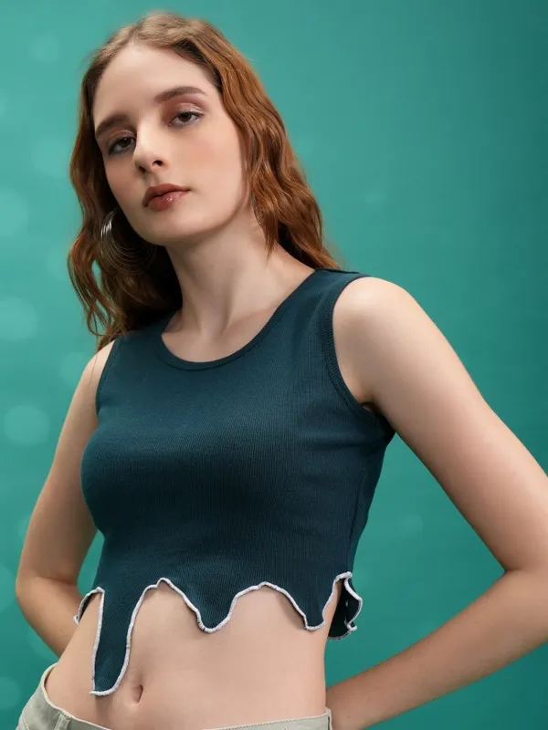 Tokyo Talkies Women Green Solid Fitted Top