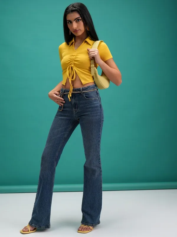 Tokyo Talkies Women Mustard Solid Shirt Style Top