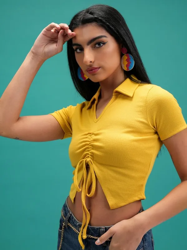 Tokyo Talkies Women Mustard Solid Shirt Style Top