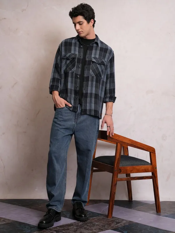  Locomotive Men Navy Blue Checked Oversized Fit Casual Shirts