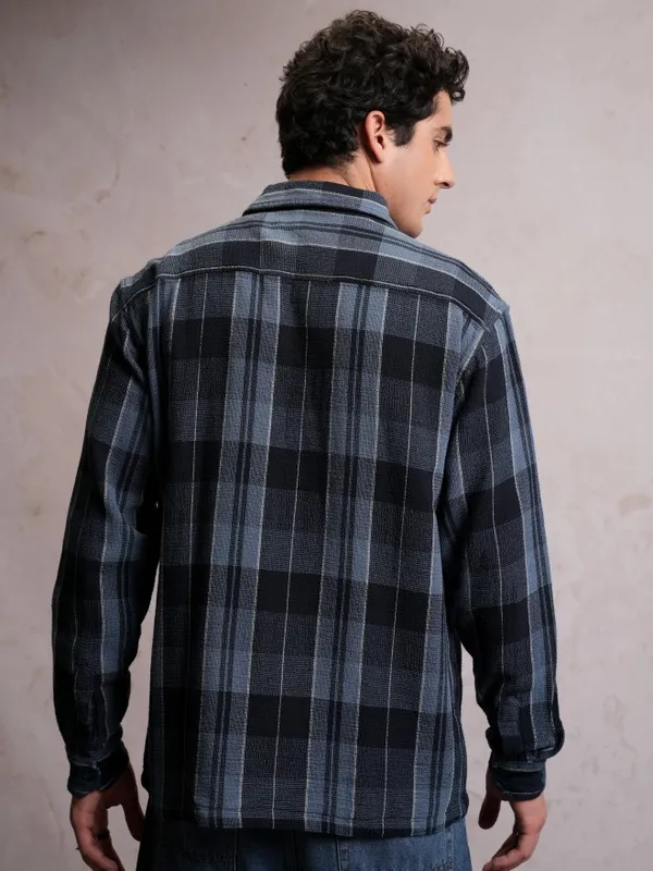  Locomotive Men Navy Blue Checked Oversized Fit Casual Shirts
